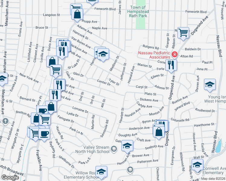 map of restaurants, bars, coffee shops, grocery stores, and more near 859 Oaks Drive in Franklin Square