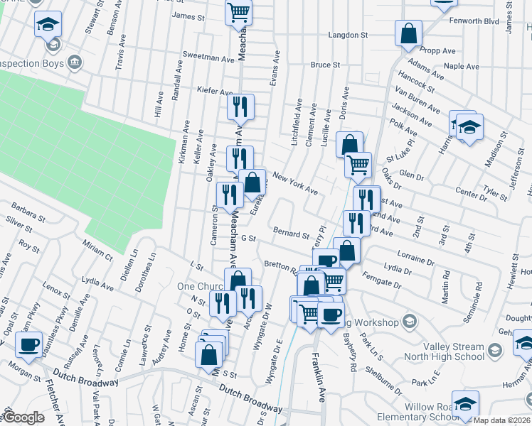 map of restaurants, bars, coffee shops, grocery stores, and more near 430 Morris Drive in Valley Stream