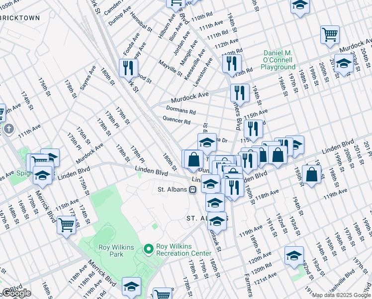 map of restaurants, bars, coffee shops, grocery stores, and more near 115-51 Dunkirk Street in Queens