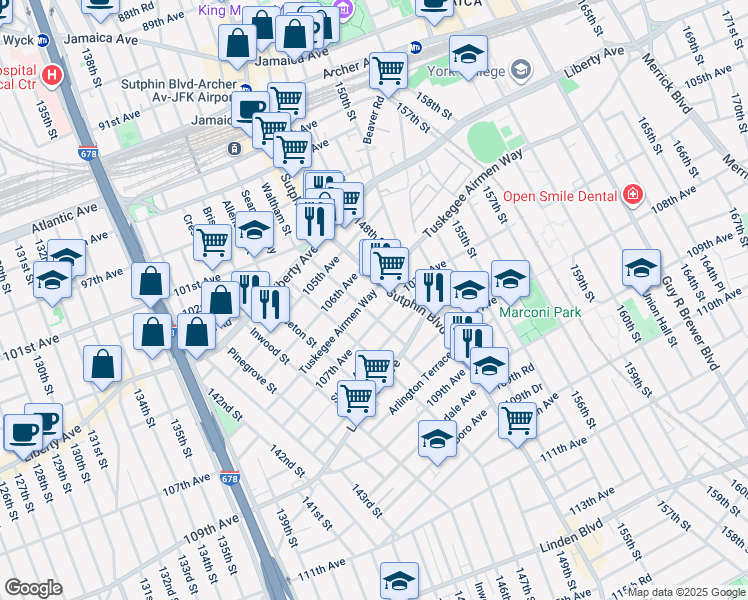 map of restaurants, bars, coffee shops, grocery stores, and more near 146-22 Tuskegee Airmen Way in Queens