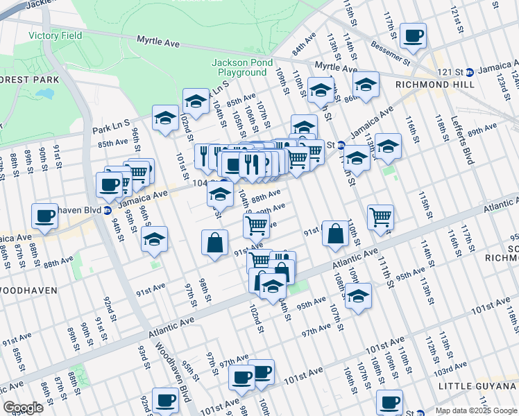 map of restaurants, bars, coffee shops, grocery stores, and more near 10414 89th Avenue in Queens