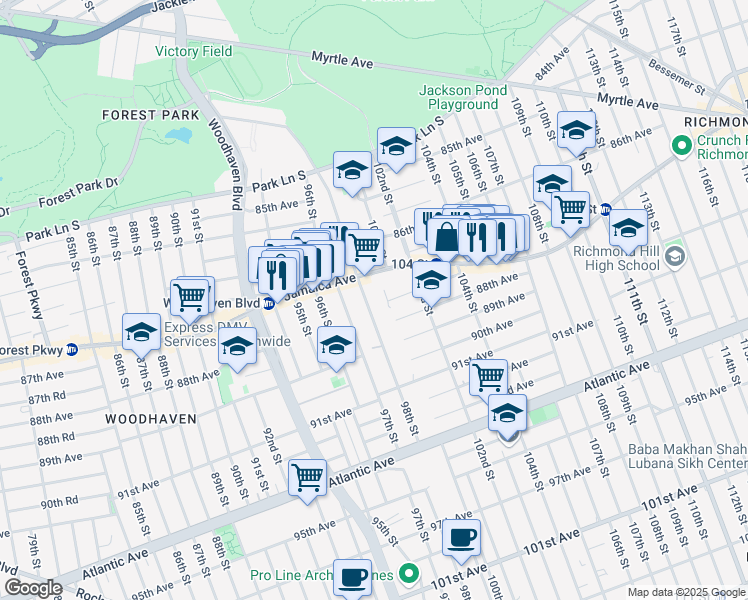 map of restaurants, bars, coffee shops, grocery stores, and more near 87-49 98th Street in Queens