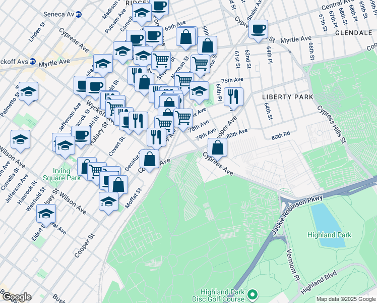 map of restaurants, bars, coffee shops, grocery stores, and more near Cooper Avenue in Queens