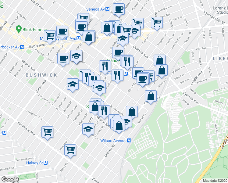 map of restaurants, bars, coffee shops, grocery stores, and more near 327 Eldert Street in Brooklyn