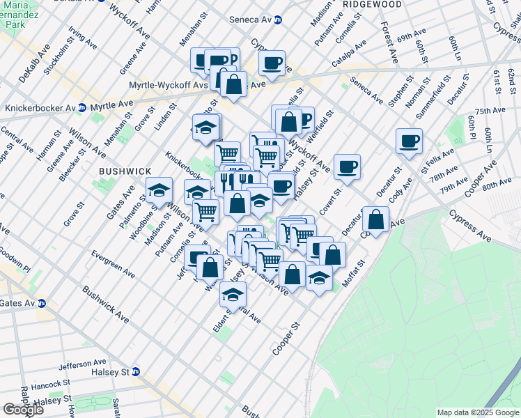 map of restaurants, bars, coffee shops, grocery stores, and more near 1217 Halsey Street in Brooklyn