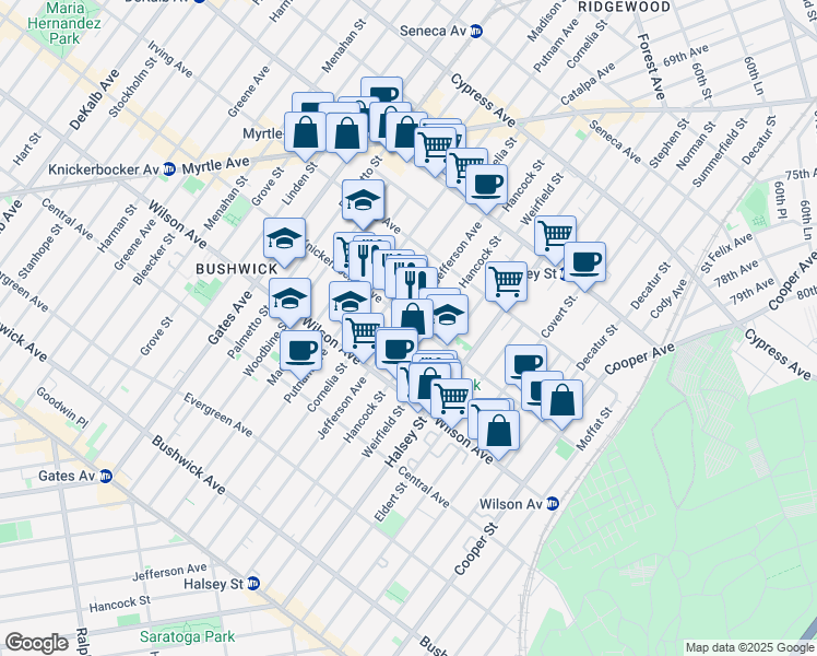 map of restaurants, bars, coffee shops, grocery stores, and more near 1336 Jefferson Avenue in Brooklyn