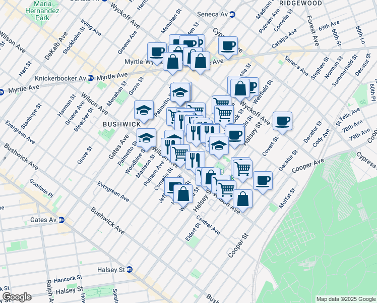 map of restaurants, bars, coffee shops, grocery stores, and more near 1336 Jefferson Avenue in Brooklyn