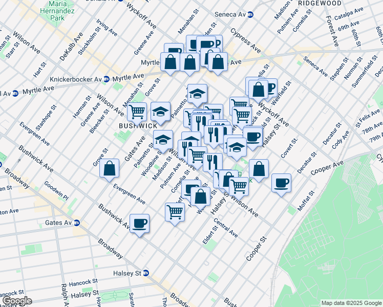 map of restaurants, bars, coffee shops, grocery stores, and more near 1328 Putnam Avenue in Brooklyn
