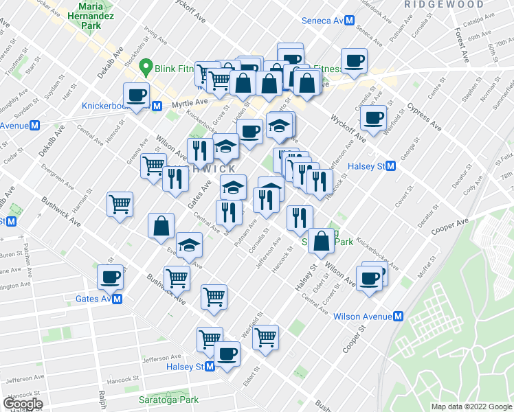 map of restaurants, bars, coffee shops, grocery stores, and more near 1315 Putnam Avenue in Brooklyn