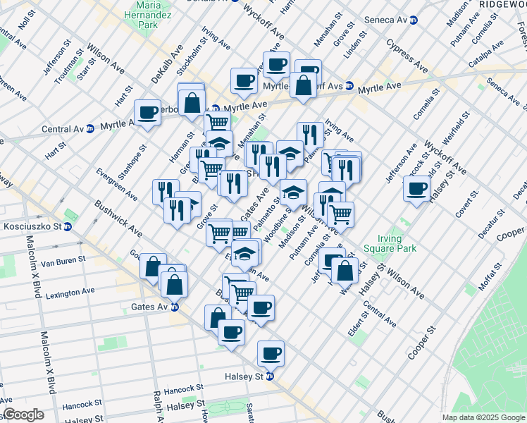 map of restaurants, bars, coffee shops, grocery stores, and more near 155 Palmetto Street in Brooklyn