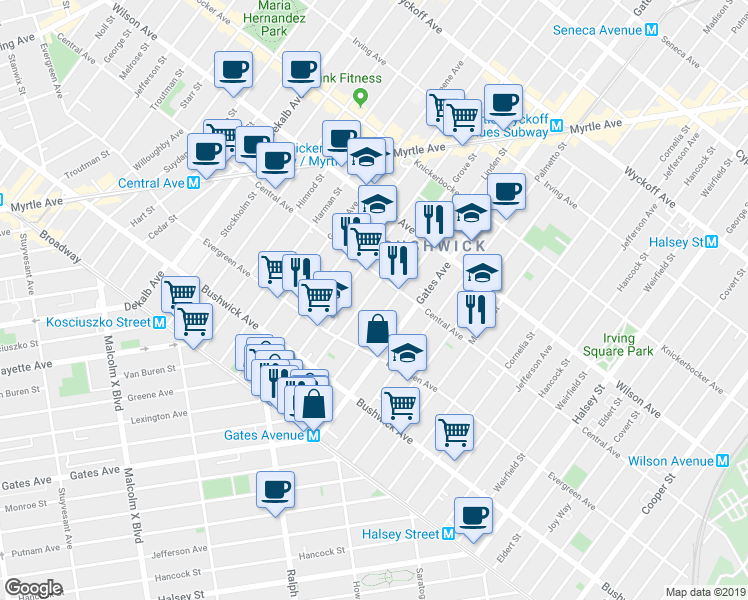 map of restaurants, bars, coffee shops, grocery stores, and more near 120 Grove Street in Brooklyn
