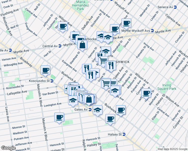 map of restaurants, bars, coffee shops, grocery stores, and more near 48 Menahan Street in Brooklyn
