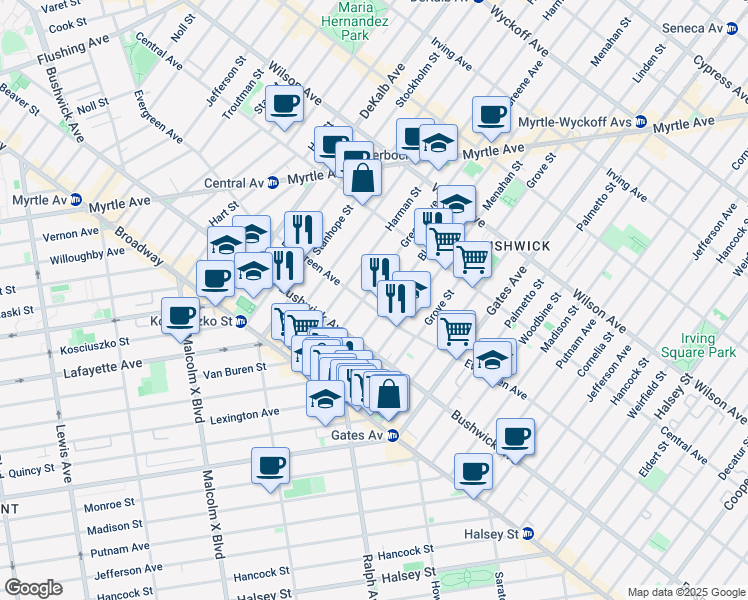map of restaurants, bars, coffee shops, grocery stores, and more near 31 Bleecker Street in Brooklyn