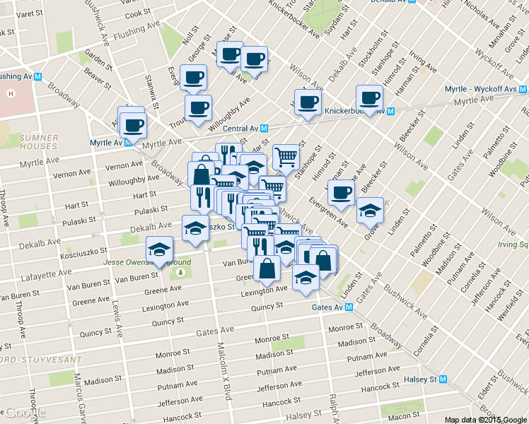 map of restaurants, bars, coffee shops, grocery stores, and more near 21 Kossuth Place in Brooklyn