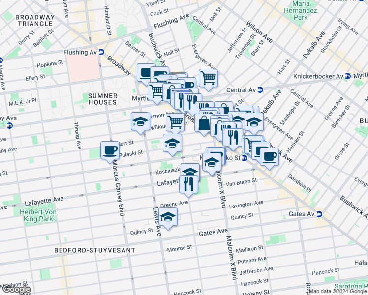 map of restaurants, bars, coffee shops, grocery stores, and more near 1035A Dekalb Avenue in Brooklyn