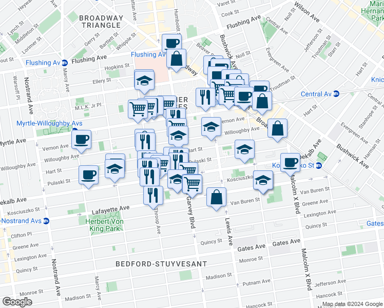 map of restaurants, bars, coffee shops, grocery stores, and more near 289 Pulaski Street in Brooklyn