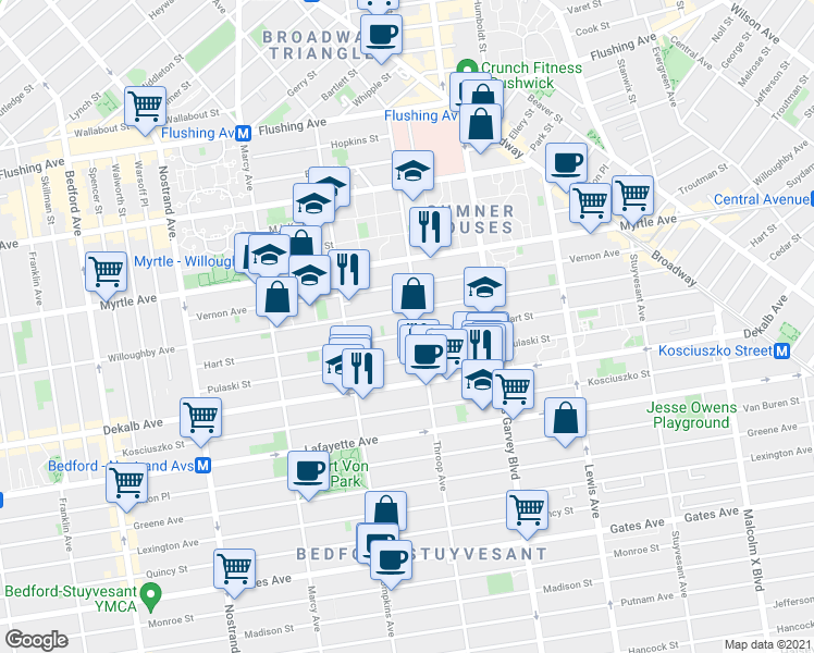 map of restaurants, bars, coffee shops, grocery stores, and more near 192 Hart Street in Brooklyn