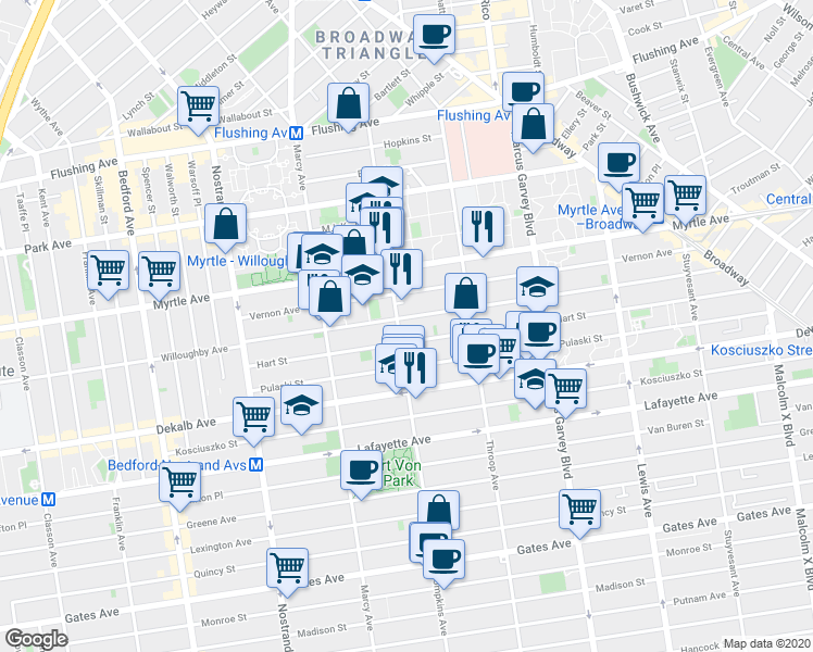 map of restaurants, bars, coffee shops, grocery stores, and more near 148 Hart Street in Brooklyn