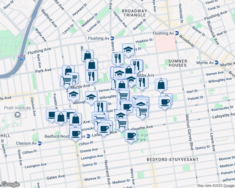 map of restaurants, bars, coffee shops, grocery stores, and more near 492 Willoughby Avenue in Brooklyn