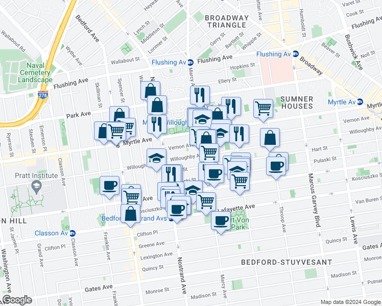 map of restaurants, bars, coffee shops, grocery stores, and more near 492 Willoughby Avenue in Brooklyn