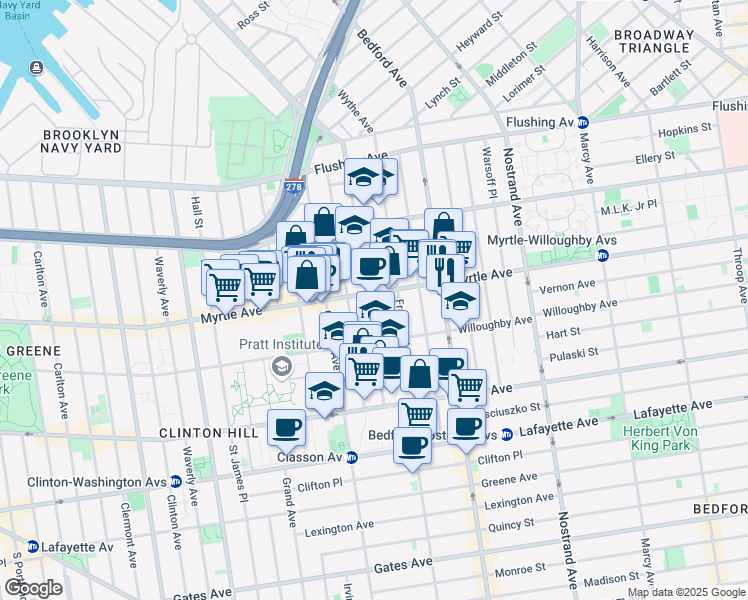 map of restaurants, bars, coffee shops, grocery stores, and more near in Brooklyn
