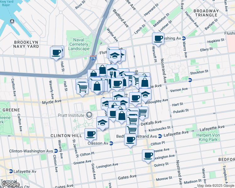 map of restaurants, bars, coffee shops, grocery stores, and more near in Brooklyn