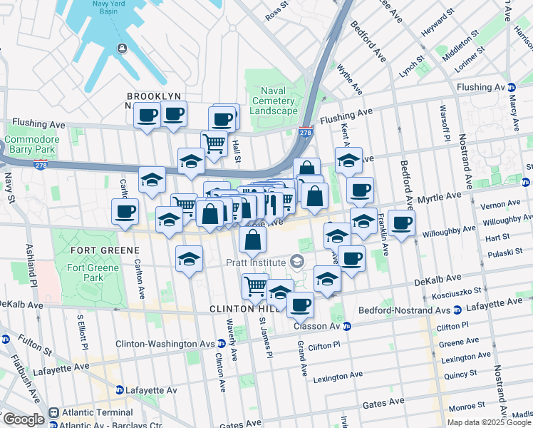 map of restaurants, bars, coffee shops, grocery stores, and more near 502 Myrtle Avenue in Brooklyn