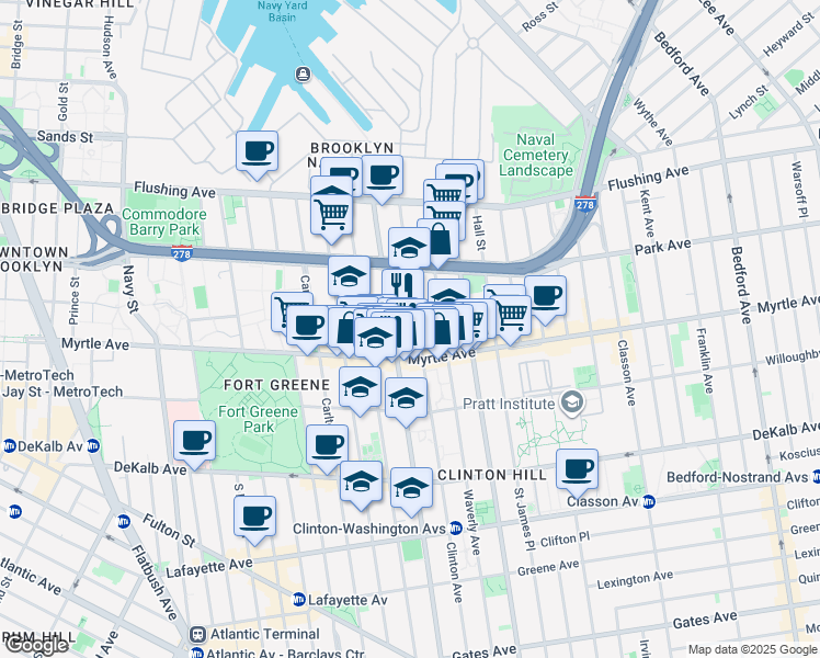 map of restaurants, bars, coffee shops, grocery stores, and more near 132 Clinton Avenue in Brooklyn