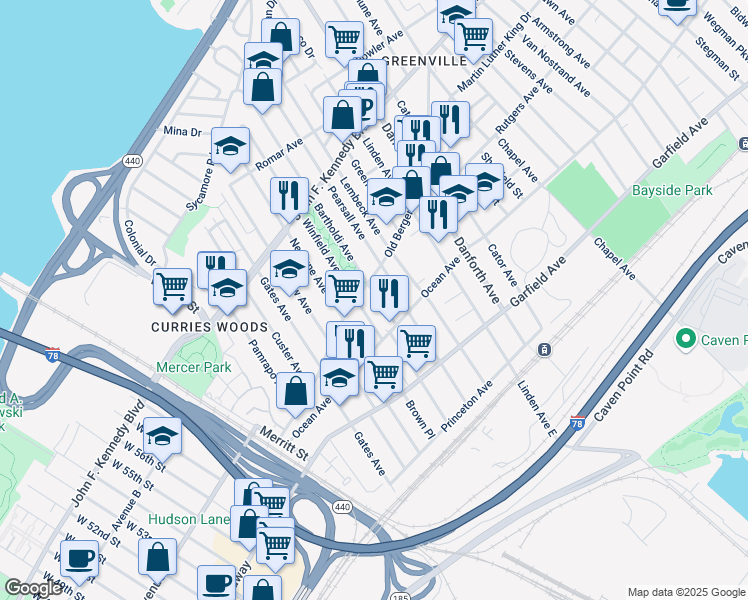 map of restaurants, bars, coffee shops, grocery stores, and more near 11 Bartholdi Avenue in Jersey City