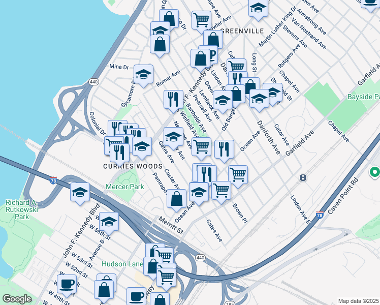 map of restaurants, bars, coffee shops, grocery stores, and more near 160 Seaview Avenue in Jersey City