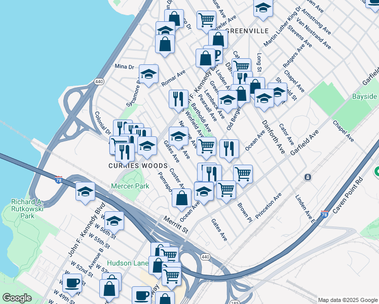 map of restaurants, bars, coffee shops, grocery stores, and more near 160 Seaview Avenue in Jersey City