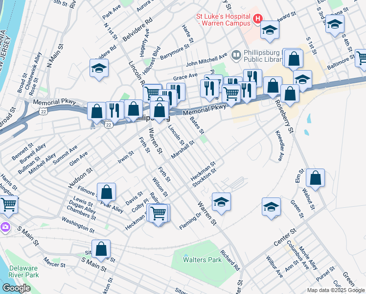 map of restaurants, bars, coffee shops, grocery stores, and more near 338 Lincoln Street in Phillipsburg