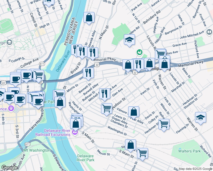 map of restaurants, bars, coffee shops, grocery stores, and more near 114 Summit Avenue in Phillipsburg
