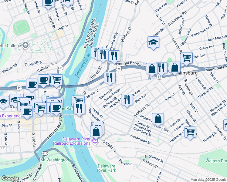 map of restaurants, bars, coffee shops, grocery stores, and more near 24 Filmore Street in Phillipsburg