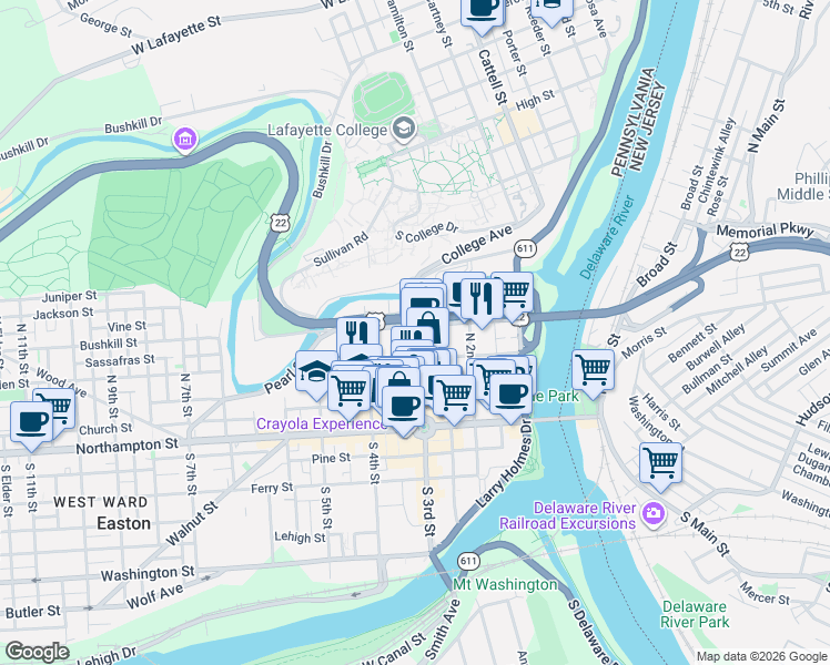 map of restaurants, bars, coffee shops, grocery stores, and more near 119 North Bank Street in Easton