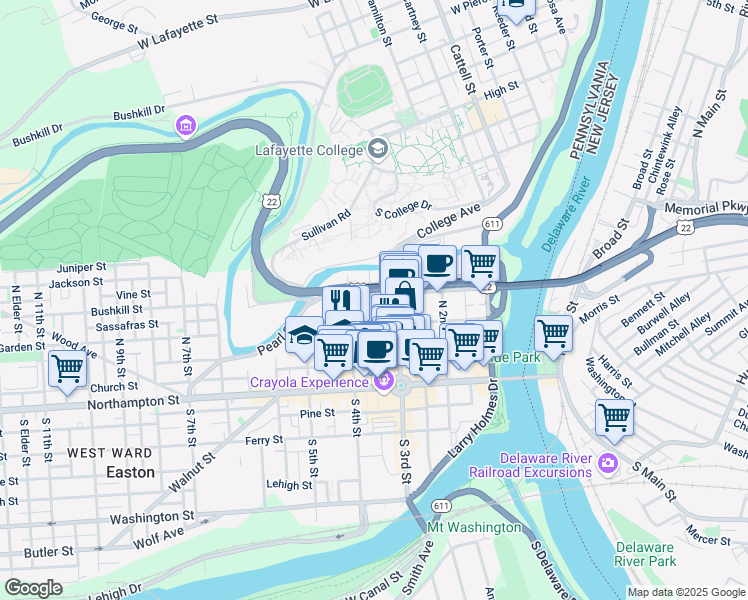 map of restaurants, bars, coffee shops, grocery stores, and more near 119 North Bank Street in Easton