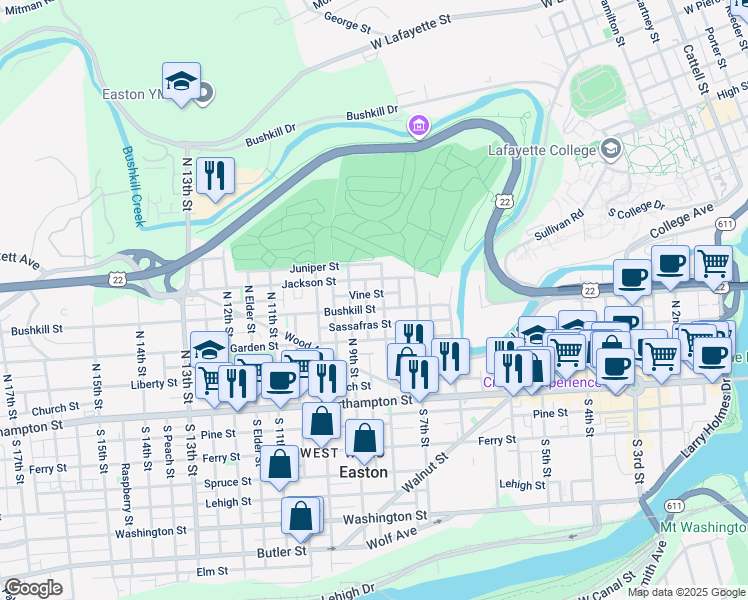 map of restaurants, bars, coffee shops, grocery stores, and more near 820 Bushkill Street in Easton