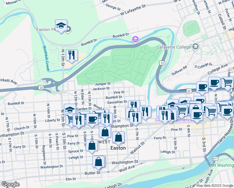 map of restaurants, bars, coffee shops, grocery stores, and more near 820 Bushkill Street in Easton
