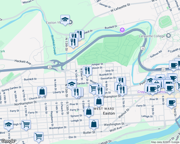 map of restaurants, bars, coffee shops, grocery stores, and more near 1014 Bushkill Street in Easton