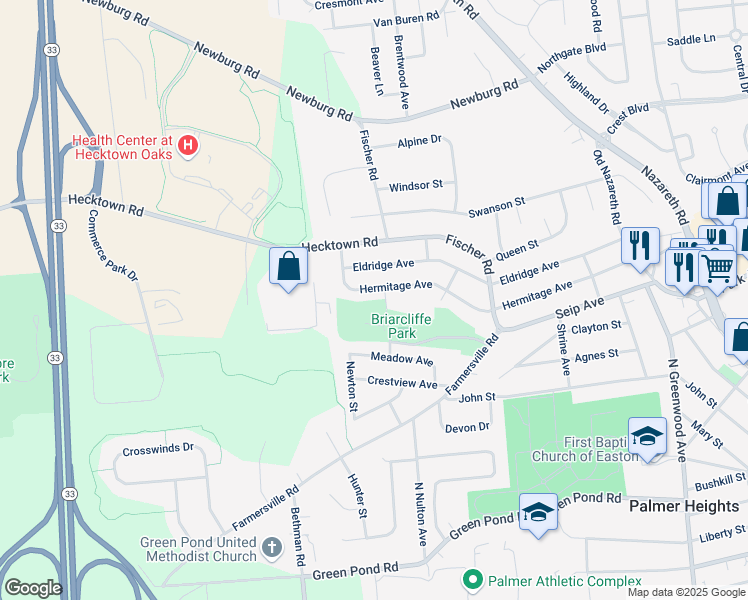map of restaurants, bars, coffee shops, grocery stores, and more near 3030 Hermitage Avenue in Easton