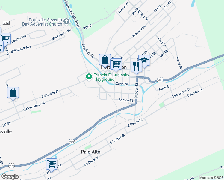 map of restaurants, bars, coffee shops, grocery stores, and more near 215 Jackson Street in Port Carbon