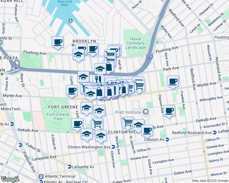 map of restaurants, bars, coffee shops, grocery stores, and more near 154 1/2 Washington Avenue in Brooklyn