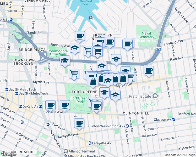 map of restaurants, bars, coffee shops, grocery stores, and more near 122 Adelphi Street in Brooklyn