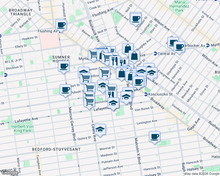 map of restaurants, bars, coffee shops, grocery stores, and more near 1035A Dekalb Avenue in Brooklyn
