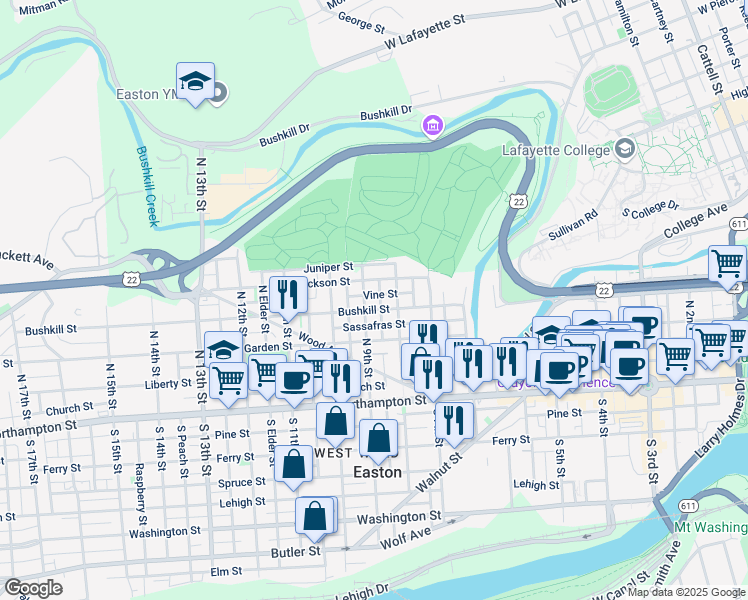 map of restaurants, bars, coffee shops, grocery stores, and more near 820 Bushkill Street in Easton