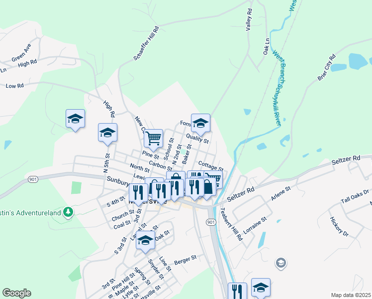 map of restaurants, bars, coffee shops, grocery stores, and more near 524 Baker Street in Minersville