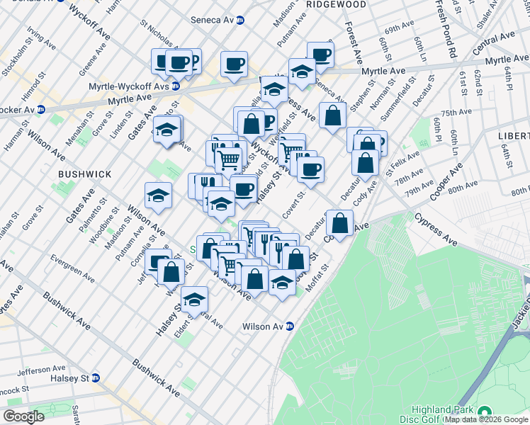 map of restaurants, bars, coffee shops, grocery stores, and more near 345 Eldert Street in Brooklyn