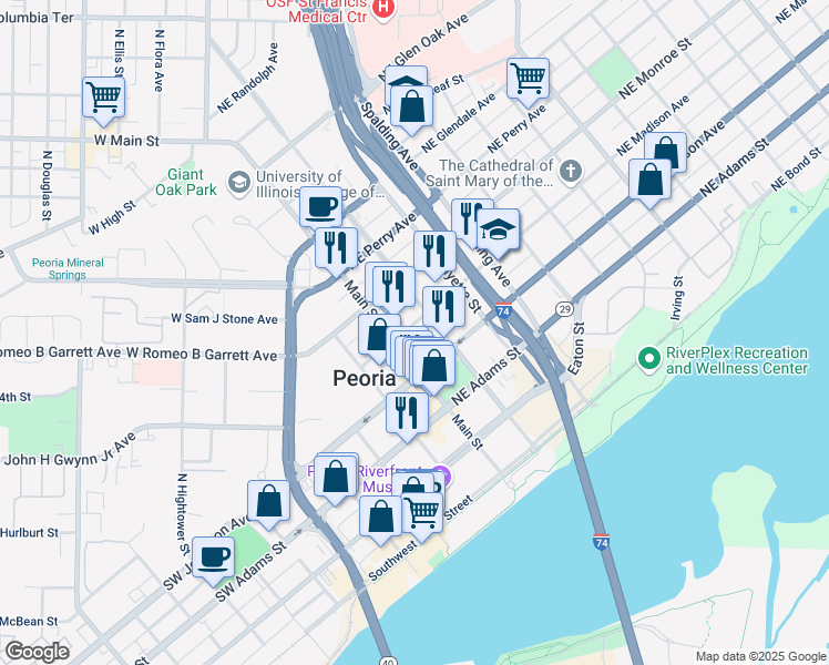map of restaurants, bars, coffee shops, grocery stores, and more near in Peoria