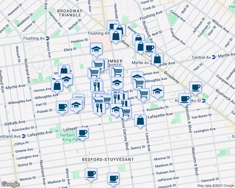 map of restaurants, bars, coffee shops, grocery stores, and more near 280 Hart Street in Brooklyn