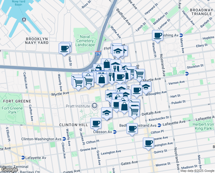 map of restaurants, bars, coffee shops, grocery stores, and more near 577 Myrtle Avenue in Brooklyn